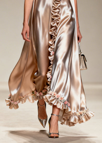 Modern Khaki Ruffled Silk Robe Dresses Sleeveless