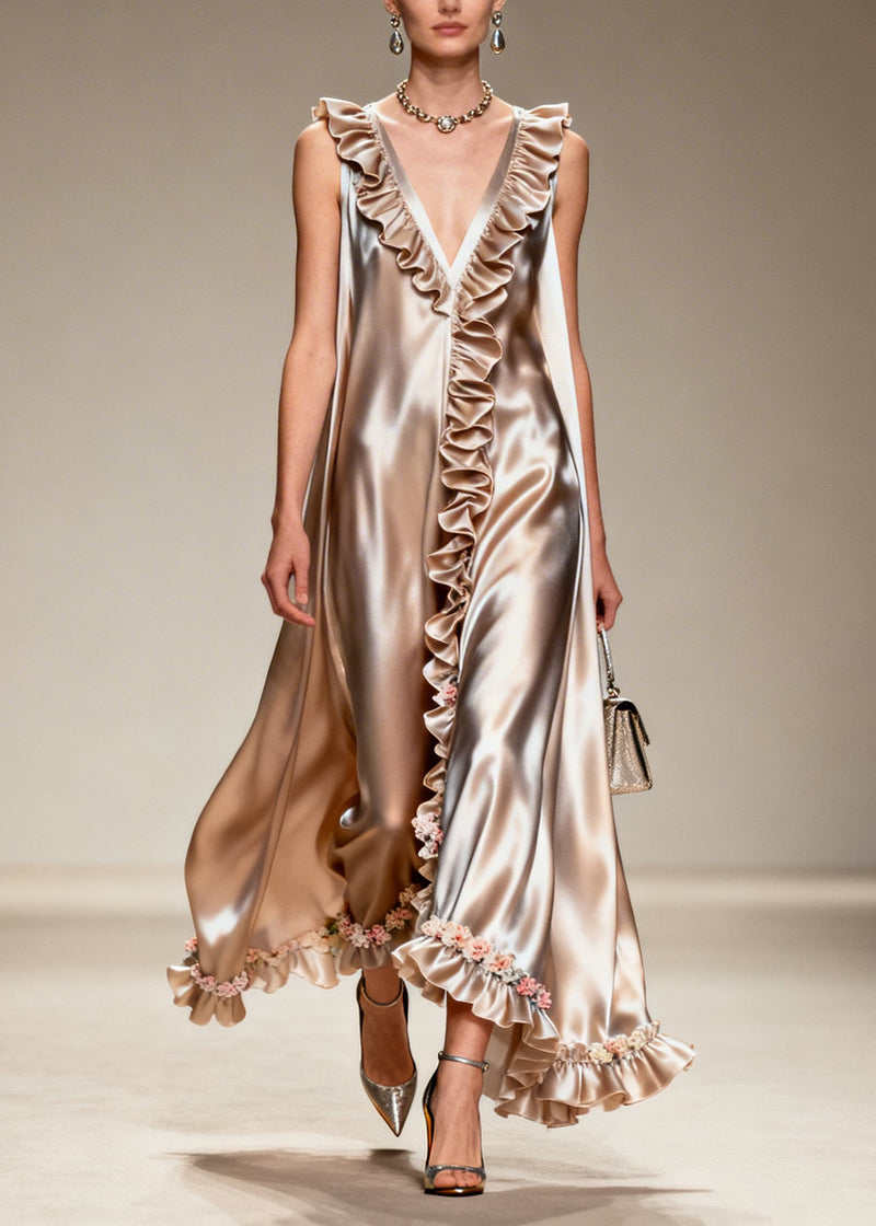 Modern Khaki Ruffled Silk Robe Dresses Sleeveless