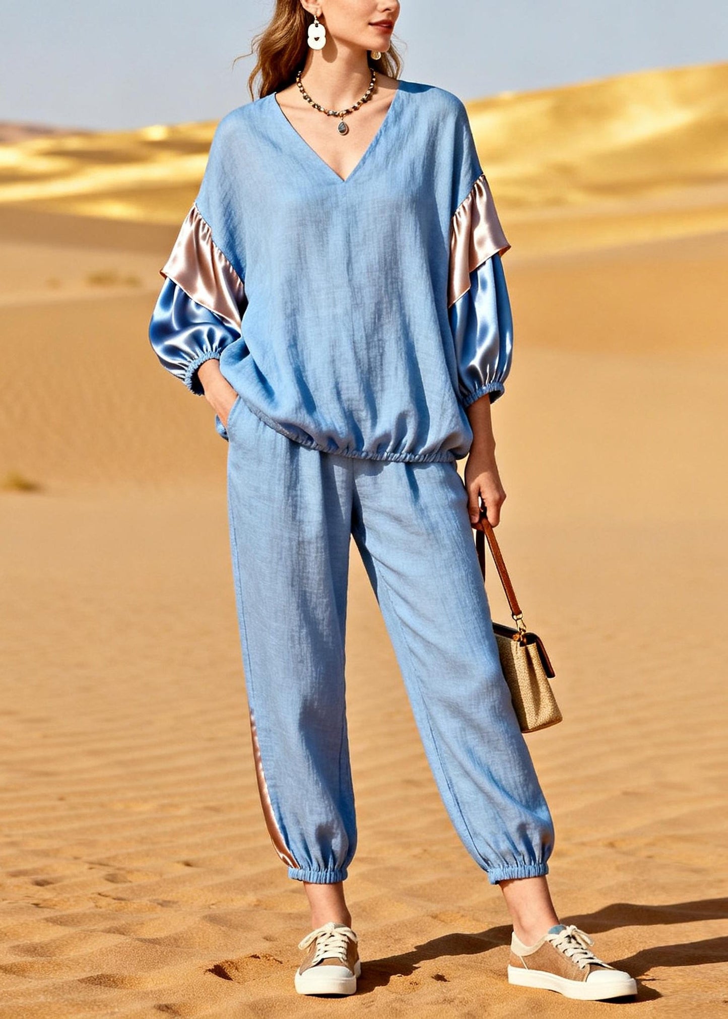 Modern Light Blue V Neck Patchwork Linen Silk Two Pieces Set Bracelet Sleeve