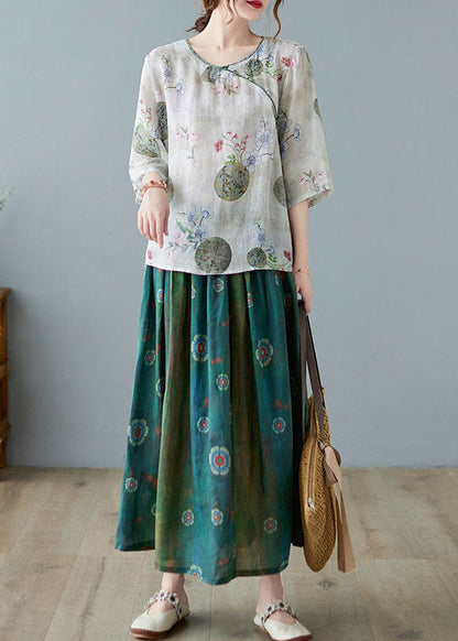 Modern Light Green O-neck Print Blouse Spring Top