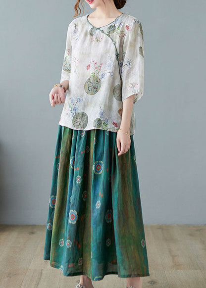 Modern Light Green O-neck Print Blouse Spring Top