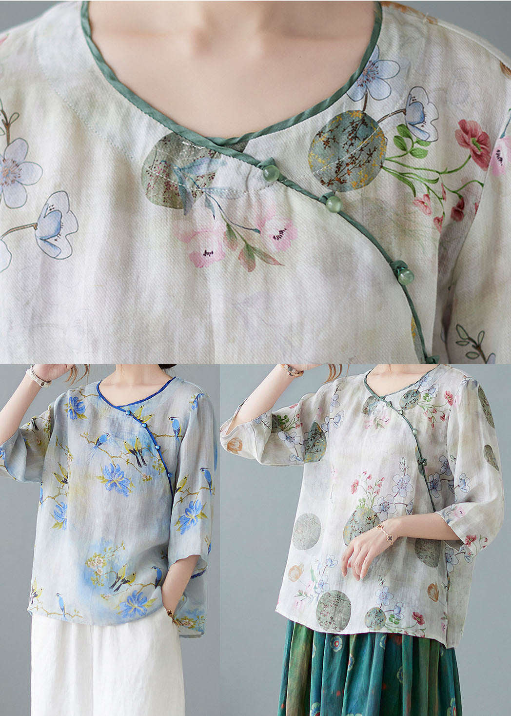 Modern Light Green O-neck Print Blouse Spring Top