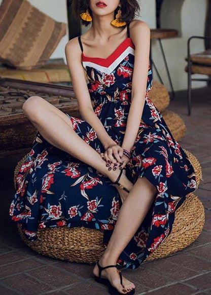 Modern Navy Print Backless Cotton Maxi Dresses
