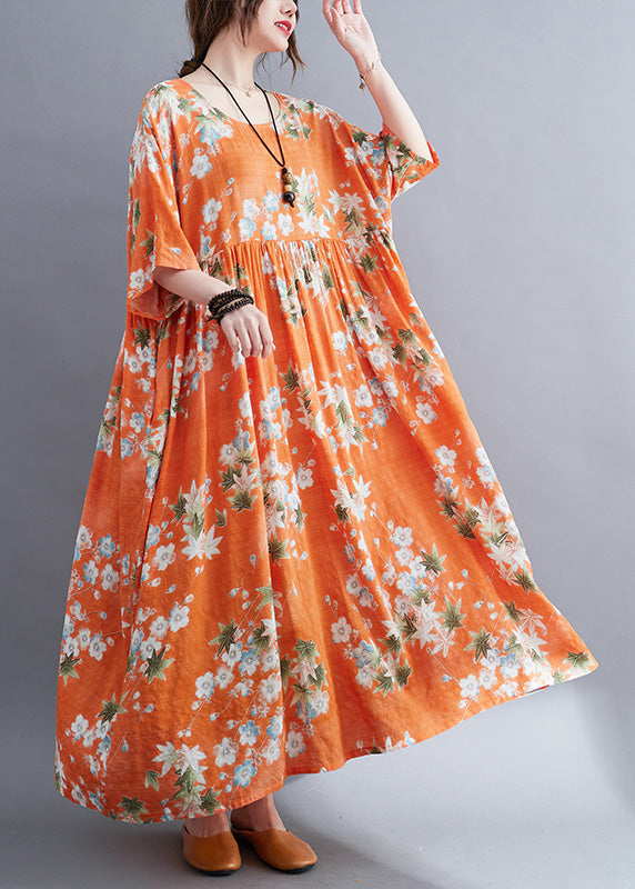 Modern Orange O-neck Patchwork Wrinkled Cotton Maxi Dress Half Sleeve