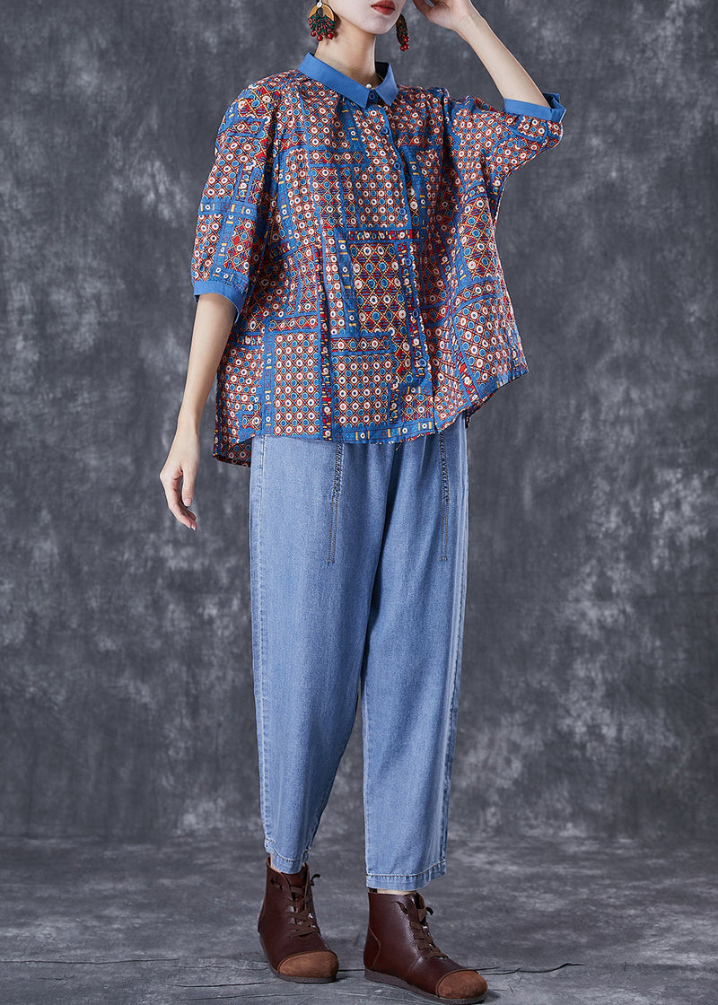 Modern Oversized Print Cotton Shirts and Denim Pants Two Pieces Set Summer