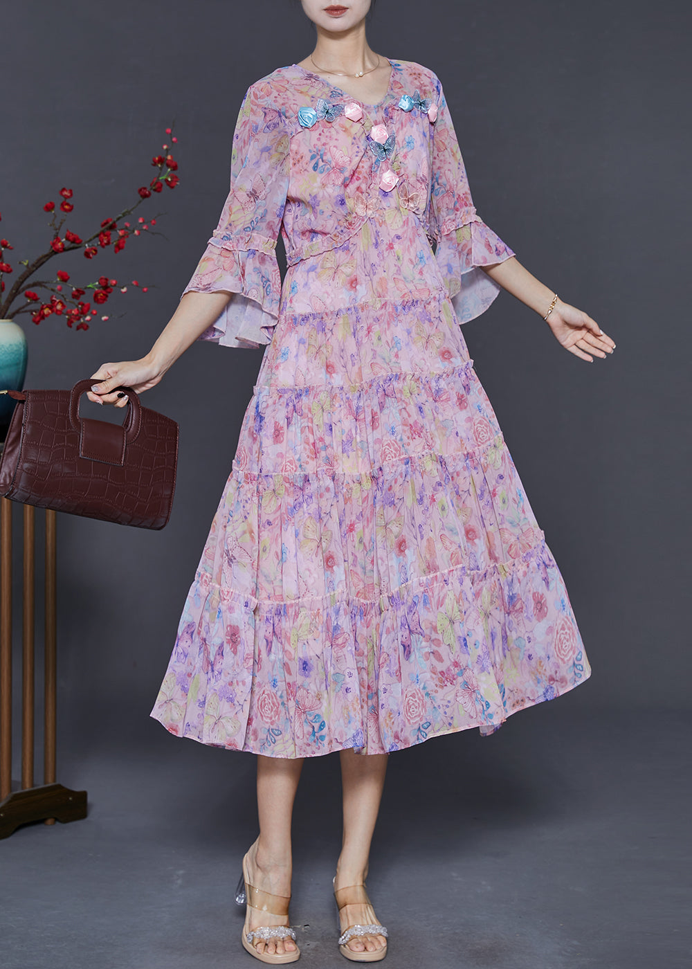 Modern Pink Print Butterfly Chiffon Dress Flare Sleeve