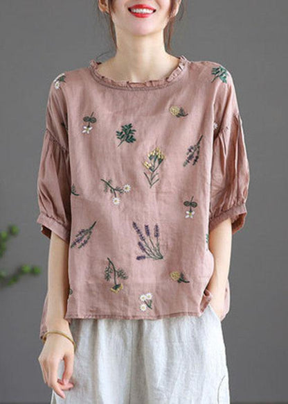 Modern Pink Regular Embroideried Summer Half Sleeve