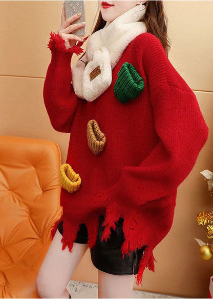 Modern Red O-neck Oversized Tassel Thick Knit Sweater Tops Winter