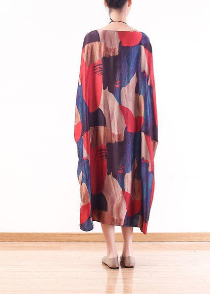 Modern Red Print O-neck Loose Long Chiffon Dress