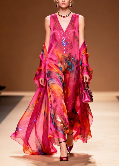 Modern Rose Print Rhinestone Sparkly Chiffon Party Dress Summer