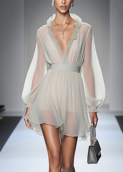 Modern Ruffled Patchwork Chiffon Mid Dress Lantern Sleeve