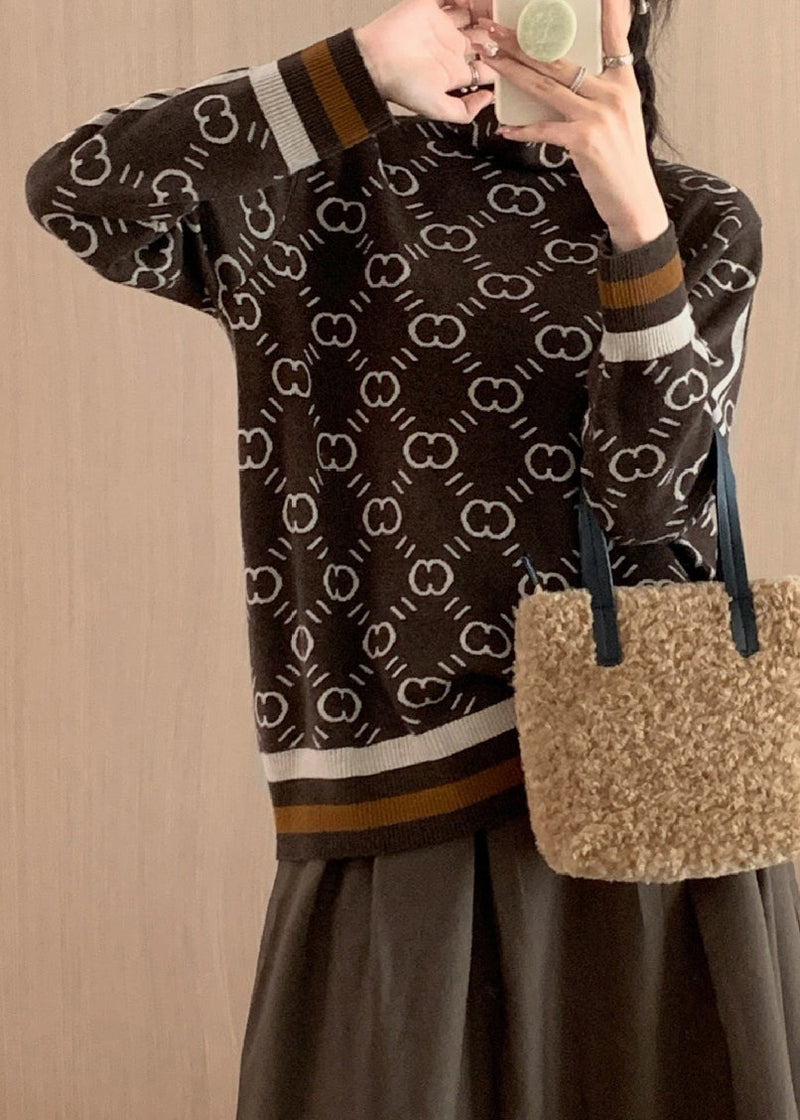 Modern Turtleneck Coffe Thick Striped Woolen Knit Pullover Fall