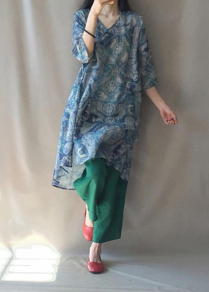 Modern V Neck Half Sleeve Quilting Dresses Pattern Blue Print Robes Dress