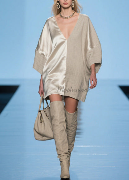 Modern V Neck Patchwork Linen Silk Mid Dress Spring