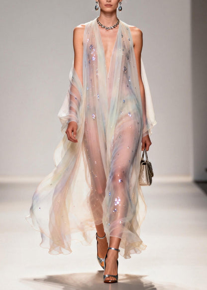 Modern V Neck Zircon Chiffon Long Dress Summer
