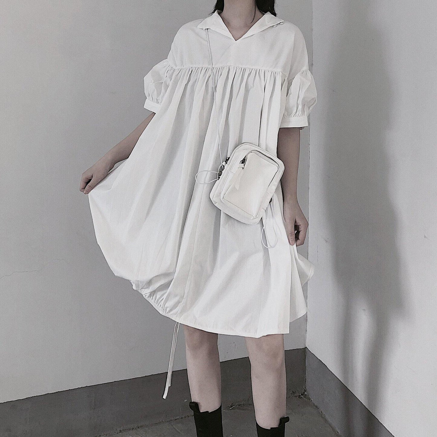 Modern White Dresses O Neck Drawstring Loose Dress