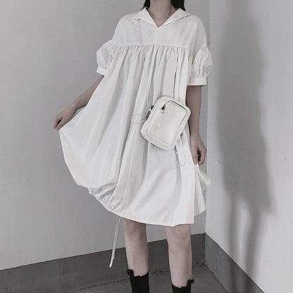 Modern White Dresses O Neck Drawstring Loose Dress