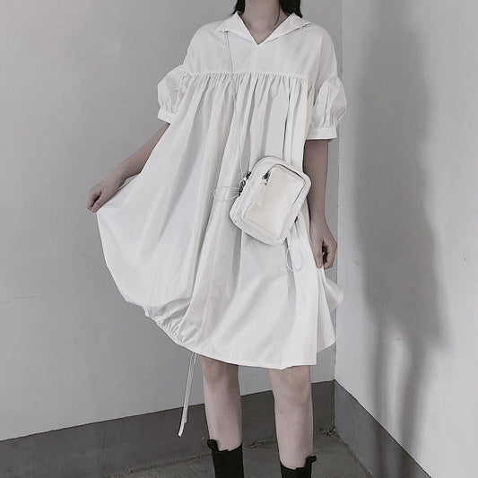 Modern White Dresses O Neck Drawstring Loose Dress