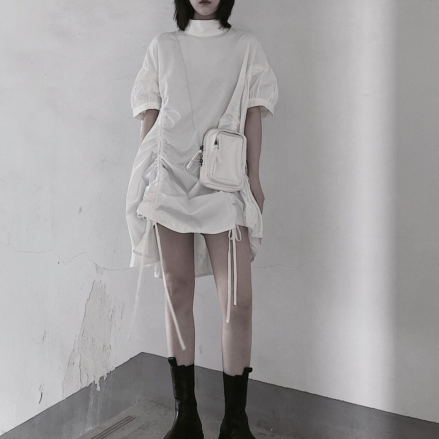 Modern White Dresses O Neck Drawstring Loose Dress