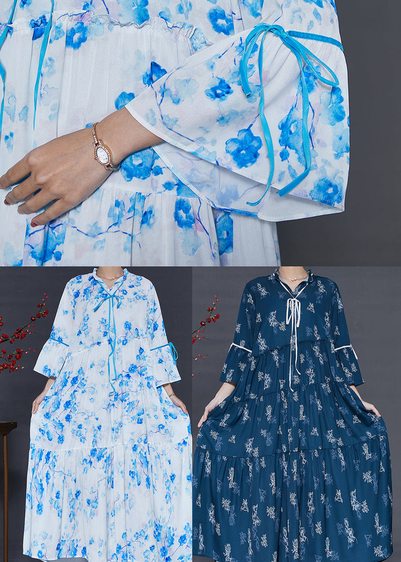 Modern White Ruffled Print Cotton Long Dresses Summer