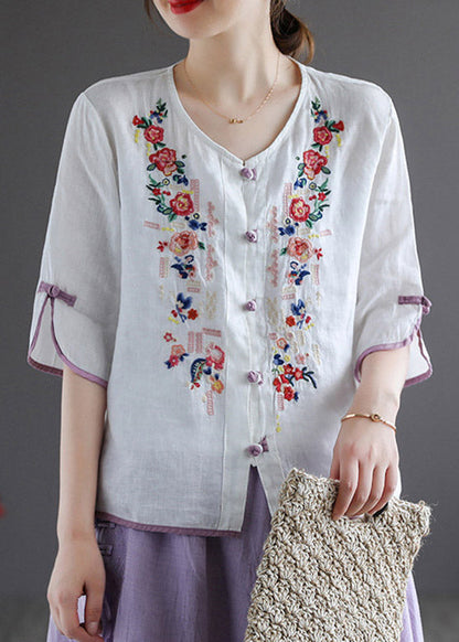 Modern White V Neck Embroideried Button Linen Shirt Half Sleeve