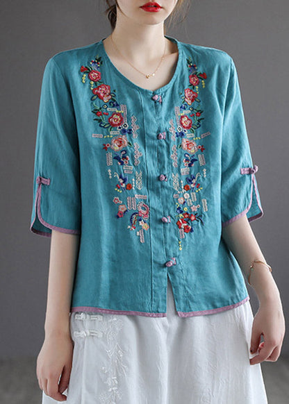 Modern White V Neck Embroideried Button Linen Shirt Half Sleeve