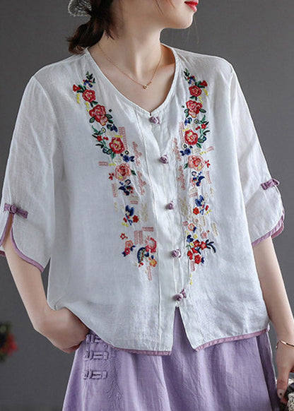 Modern White V Neck Embroideried Button Linen Shirt Half Sleeve