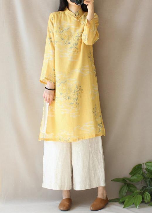 Modern Yellow Dragon Pattern Clothes V Neck Side Open Baggy Dress