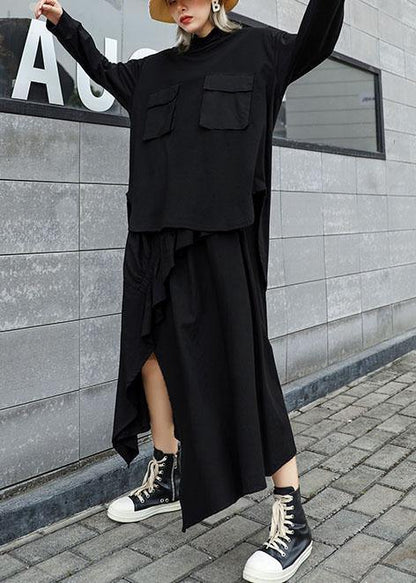 Modern Black Cotton Linen Asymmetric Ruffles Fall Skirt