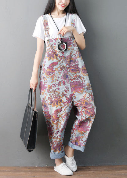 Modern Pockets Print Ripped Denim Jumpsuit Spring