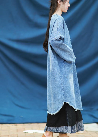 Modern V Neck Quilting Dresses Denim Blue Embroidery Dress