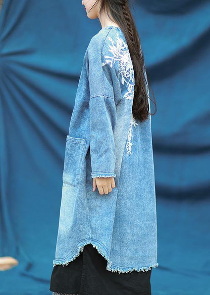 Modern V Neck Quilting Dresses Denim Blue Embroidery Dress