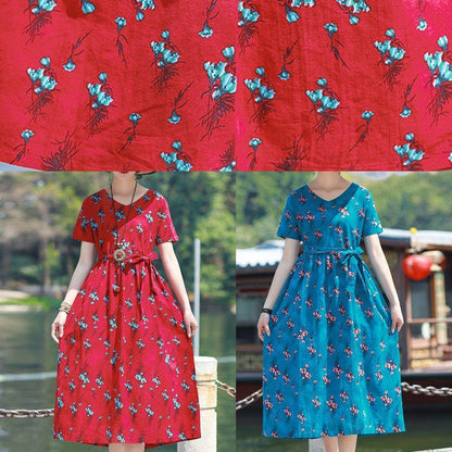 Modern V Neck Tie Waist Linen Cotton Clothes Work Red Print Dress Summer