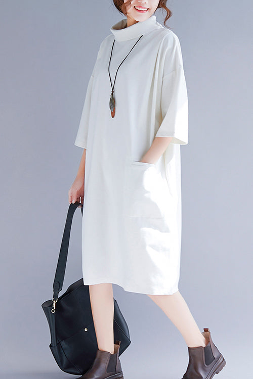Modern White Knit Tunics High Neck Half Sleeve Baggy Spring Dress