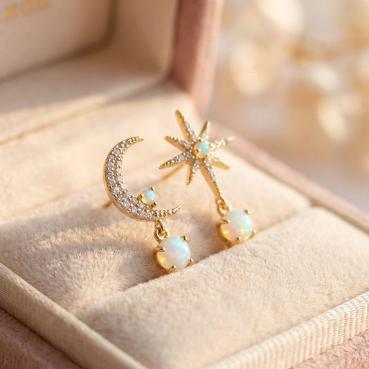Moon And Star Earrings Made Of Gold And Opal