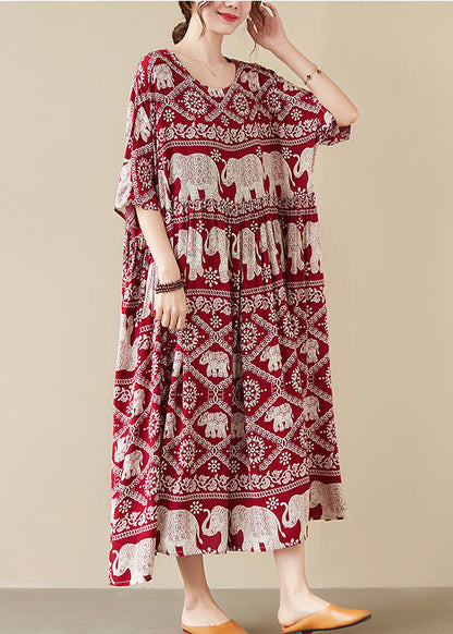 Mulberry Elephant Print Chiffon Long Dress Wrinkled Half Sleeve