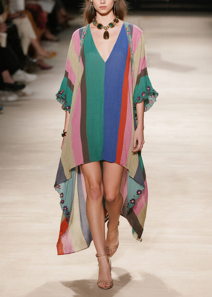 Multicolored Striped Cotton Long Dress Ruffled Low High Design Half Sleeve