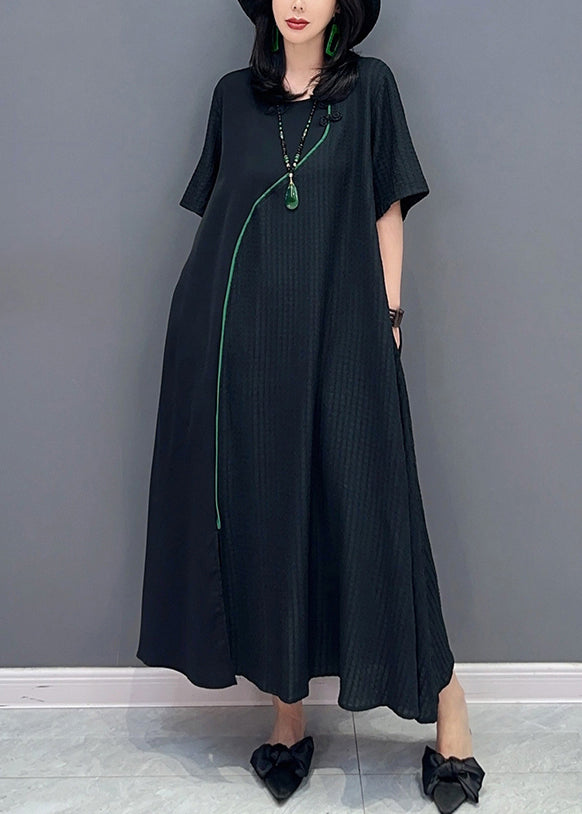 Natural Black O-neck Patchwork Long Dresses Short Sleeve