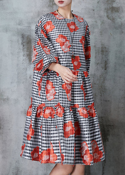 Natural Black Puff Sleeve Plaid Cotton Dresses
