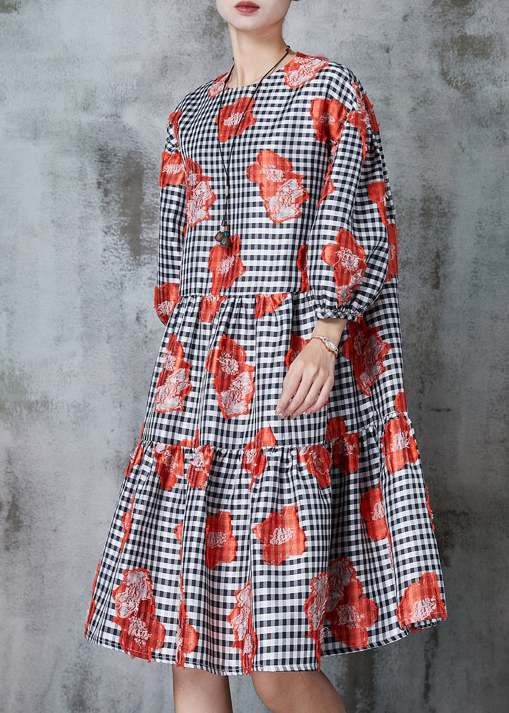 Natural Black Puff Sleeve Plaid Cotton Dresses