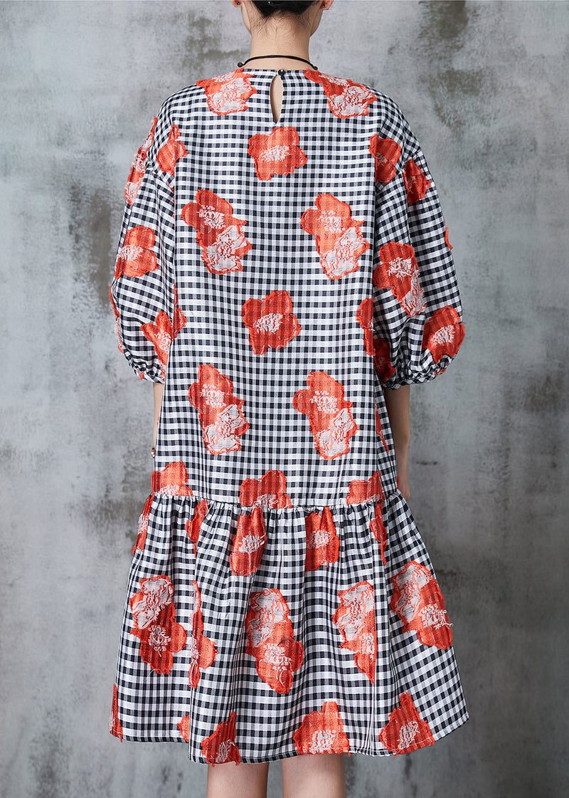 Natural Black Puff Sleeve Plaid Cotton Dresses
