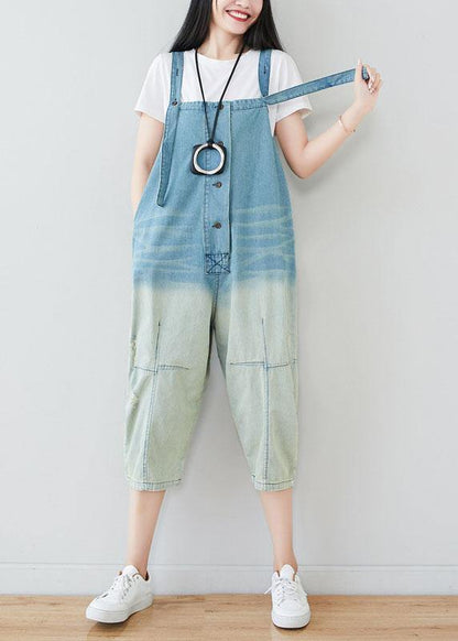 Natural Blue Pockets Button Gradient Color Fall Rompers Cotton