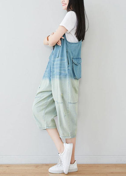 Natural Blue Pockets Button Gradient Color Fall Rompers Cotton