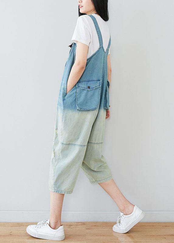 Natural Blue Pockets Button Gradient Color Fall Rompers Cotton