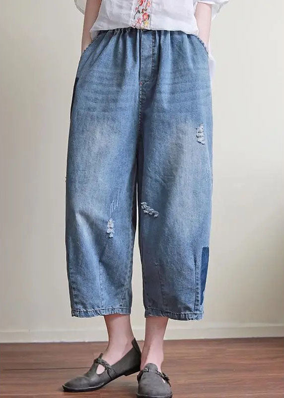 Natural Blue Pockets Hole Harem Fall Denim Pant
