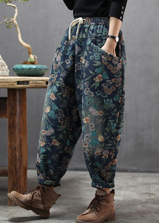 Natural Blue Cinched Print Denim Pants Winter