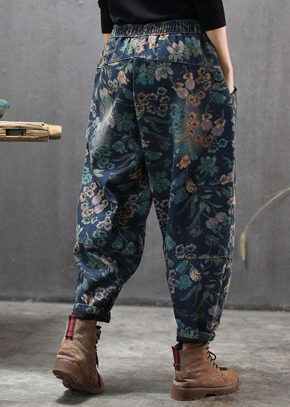 Natural Blue Cinched Print Denim Pants Winter
