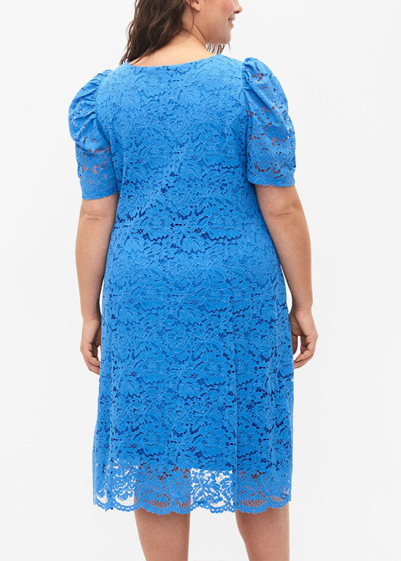 Natural Blue O-neck Hollow Out Lace Mid Dress Summer
