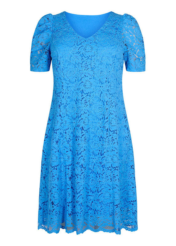 Natural Blue O-neck Hollow Out Lace Mid Dress Summer