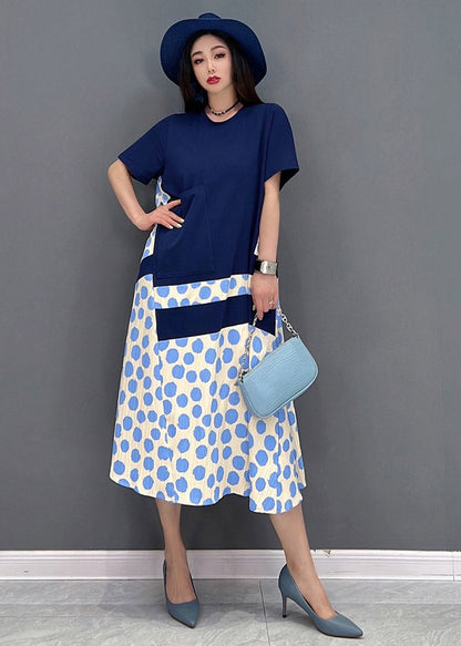 Natural Blue O-neck Patchwork Long Dress Short Sleeve